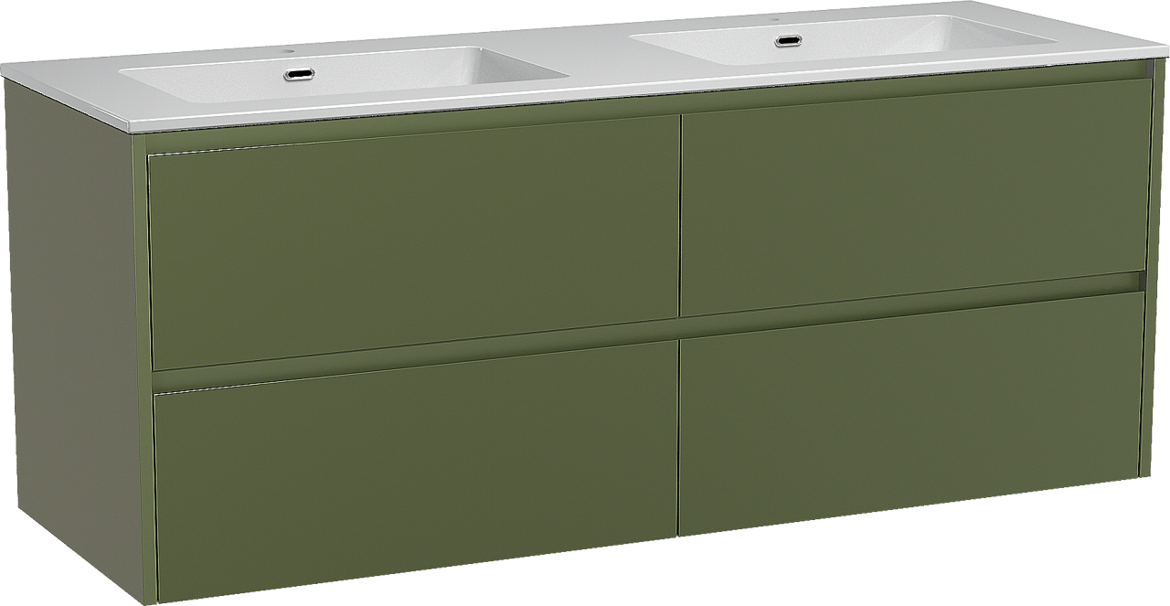 Storke Seda zwevend badmeubel 150 x 52 cm olijfgroen met Diva dubbele wastafel in composietmarmer hoogglans wit