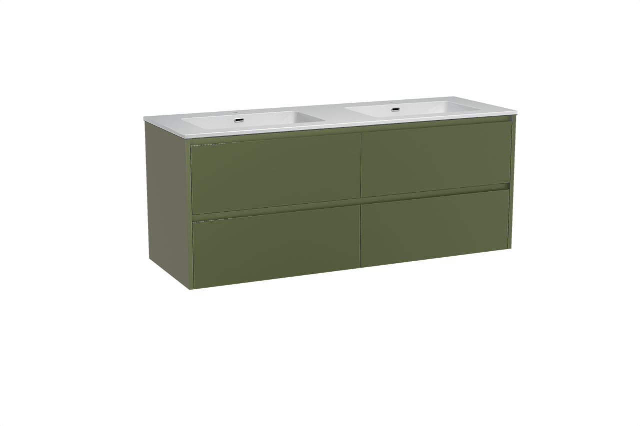 Storke Seda meuble salle de bains suspendu 150 x 52 cm vert olive avec Diva double vasque en marbre composite blanc brillant