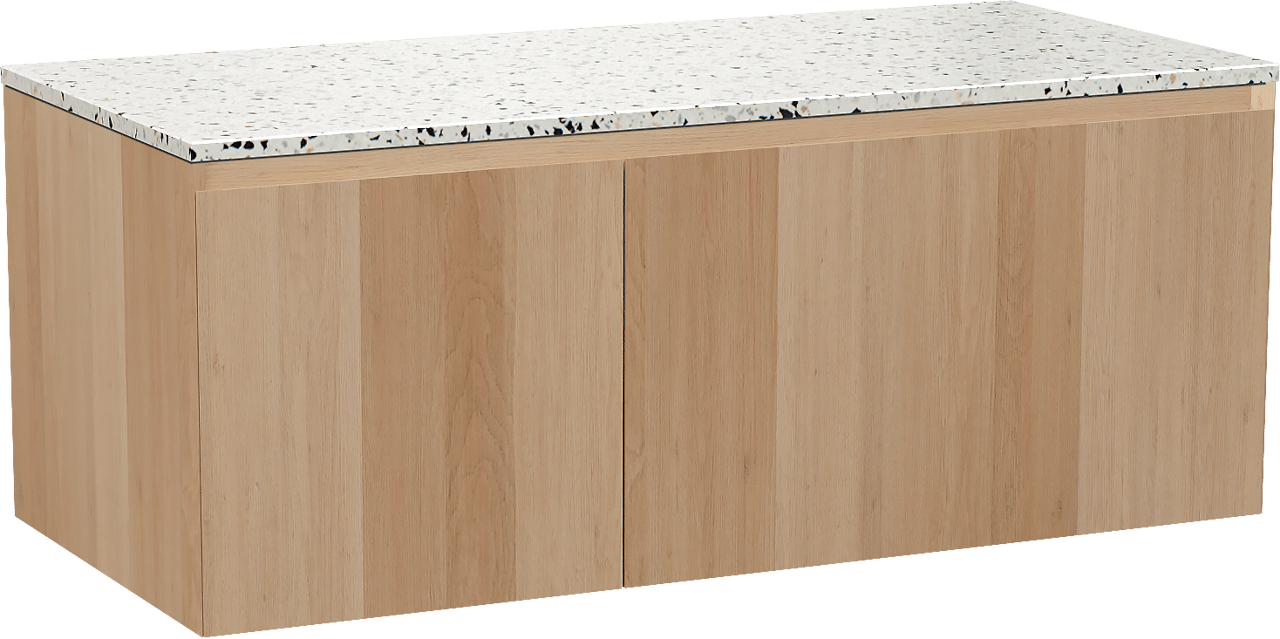 Balmani Idra meuble salle de bains suspendu 120 x 55 cm chêne naturel avec Stretto tablette simple ou double en blanc/noir mat terrazzo