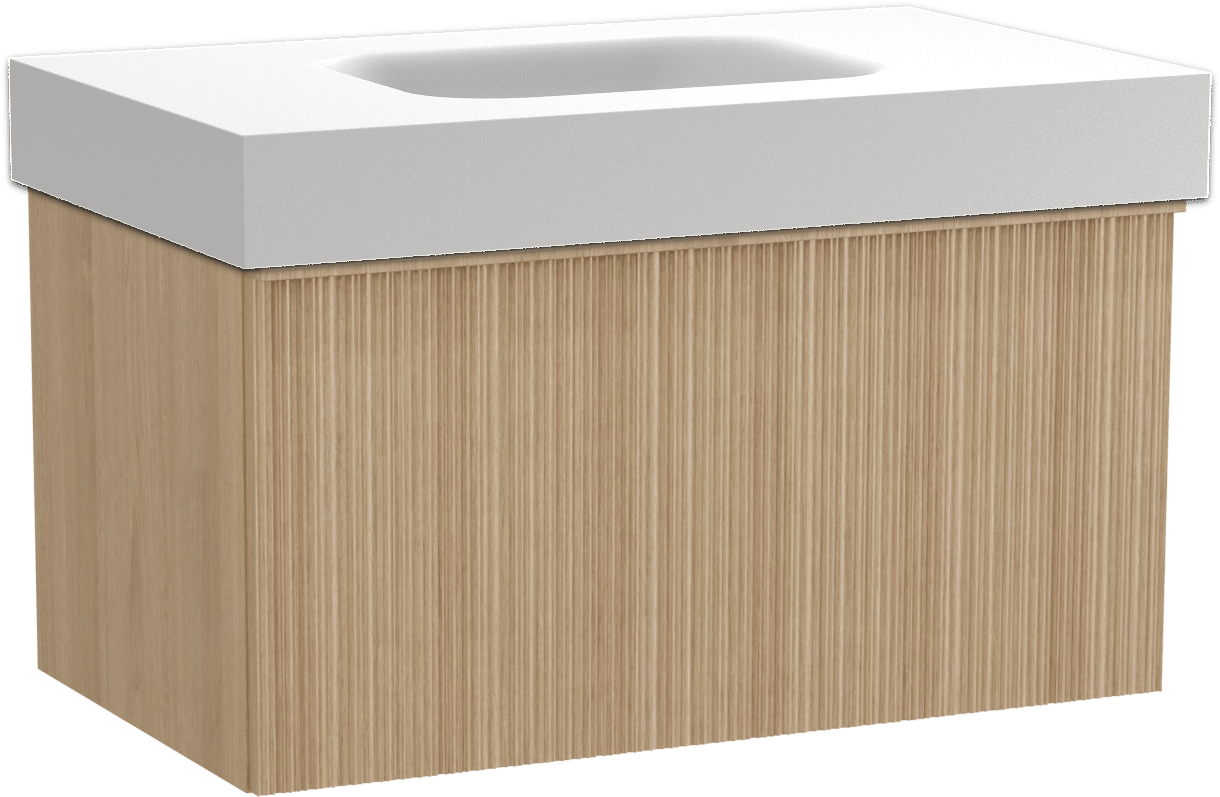 Balmani Forma zwevend badkamermeubel 90 x 55 cm natuur eik met Arcato enkele wastafel in solid surface mat wit, Verticale asymmetrische ronde ribbel