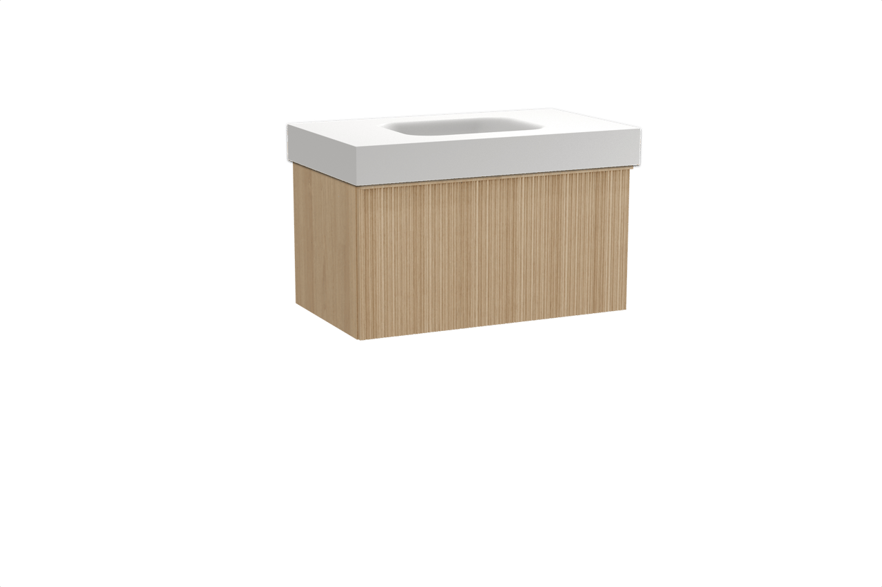 Balmani Forma hängendes Möbelstück Set: 90 x 55 cm, Naturbelassene Eiche, mit Arcato Einzelwaschtisch, Solid Surface, Weiß matt, Vertikale asymmetrische Runde Rippe