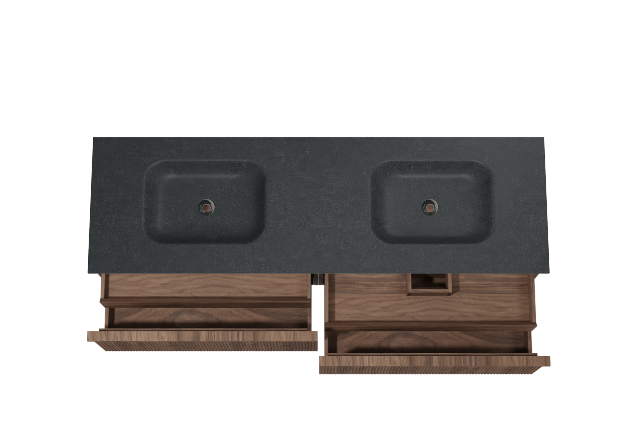 Balmani Forma zwevend badkamermeubel 180 x 55 cm amerikaanse notelaar met Tablo Arcato dubbele wastafel in graniet zwart, Verticale symmetrische rechte ribbel
