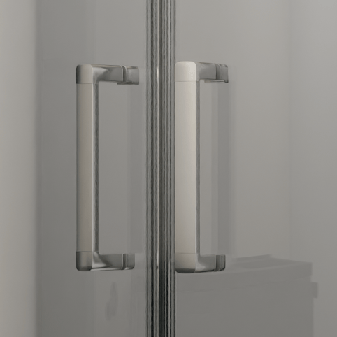 Linie Salta viertelkreisförmige Duschkabine: Schiebetür, 90 x 90 cm, Klarglas, Chrom Profil mit Armatur