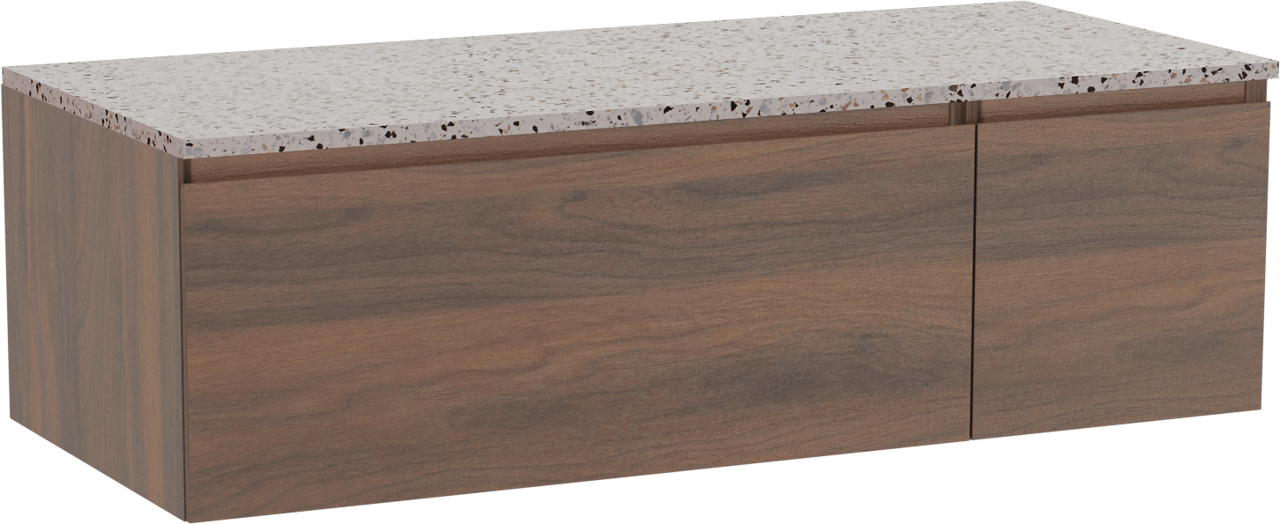 Storke Edge zwevend badkamermeubel 120 x 52 cm notelaar met Tavola enkel of dubbel tablet in mat wit/zwart terrazzo