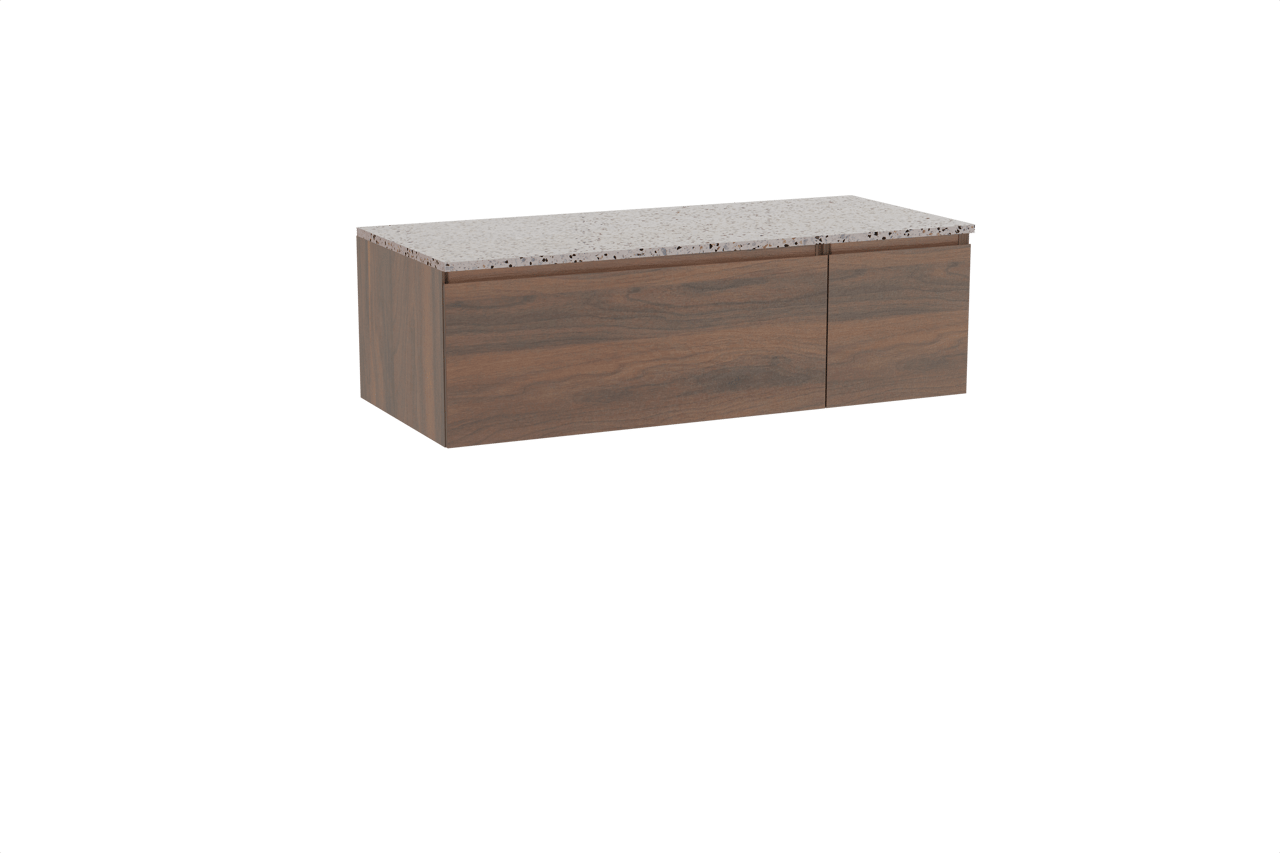 Storke Edge hängendes Möbelstück Set: 120 x 52 cm, Nussbaum, mit Tavola Einzel- oder Doppel Waschtischplatte, Terrazzo in Weiß/Schwarz matt