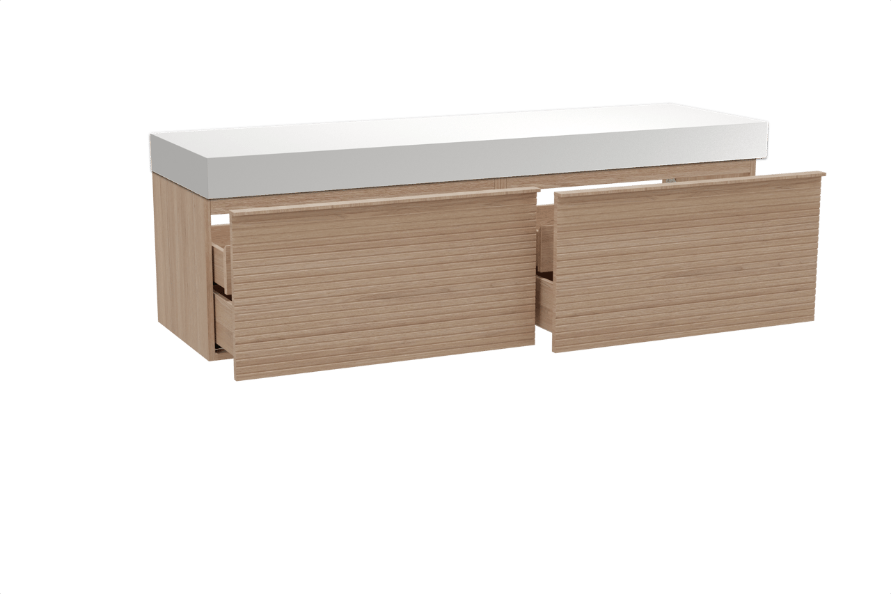 Balmani Forma hängendes Möbelstück Set: 180 x 55 cm, Naturbelassene Eiche, mit Dominus Einzel- oder Doppel Waschtischplatte, Solid Surface, Weiß matt, Horizontale symmetrische gerade Rippe