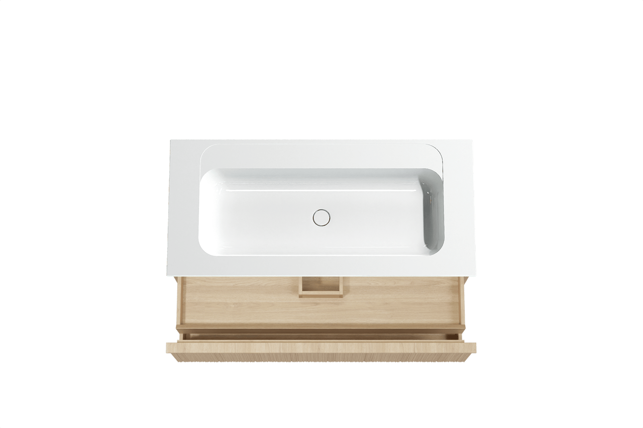 Balmani Forma zwevend badmeubel 120 x 55 cm naturel eiken met Tablo Strada enkele wastafel in composietmarmer hoogglans wit, Verticale asymmetrische ronde ribbel