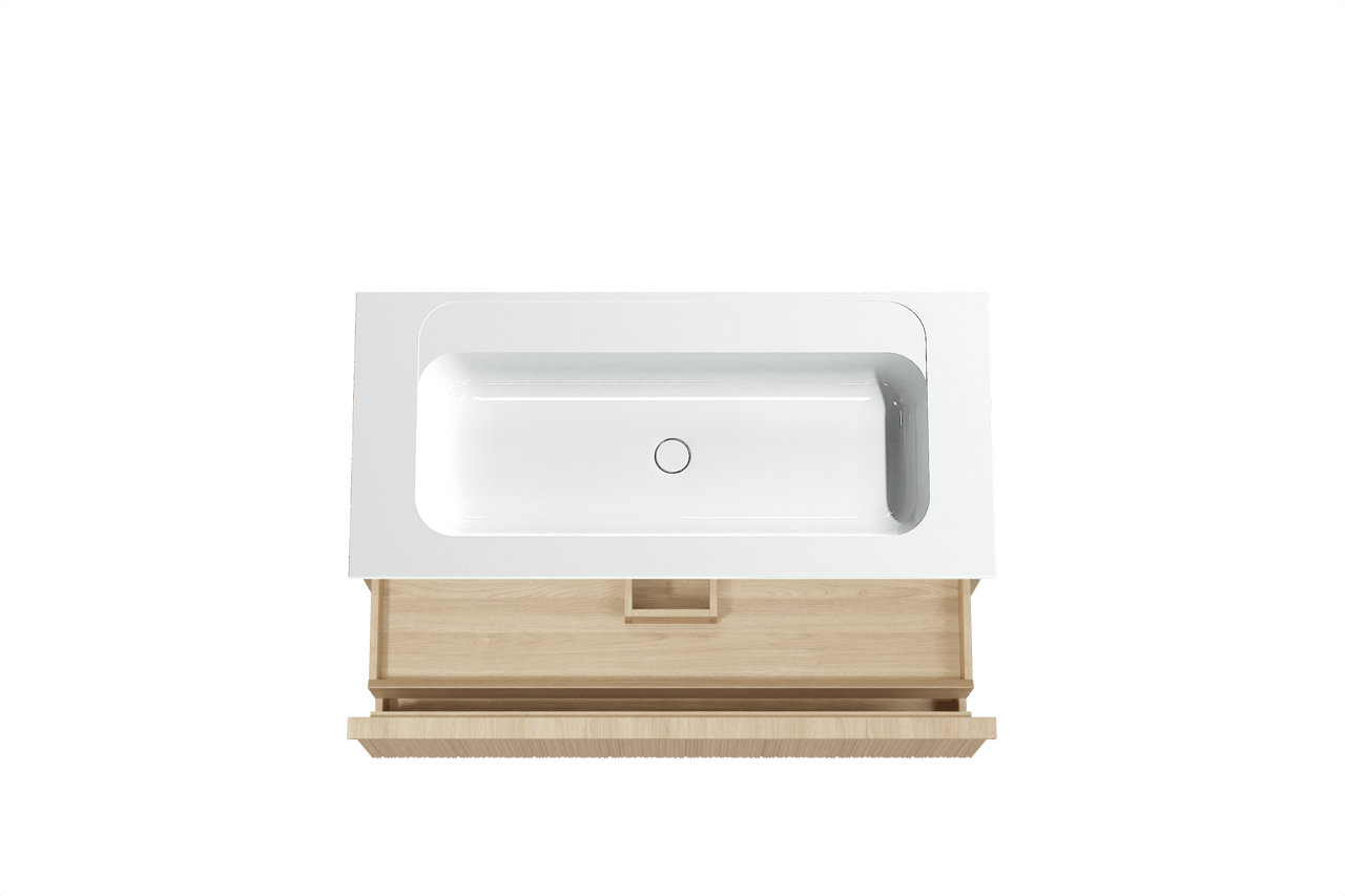 Balmani Forma meuble salle de bains suspendu 120 x 55 cm chêne naturel avec Tablo Strada plan simple en marbre composite blanc brillant, Nervure circulaire asymétrique verticale