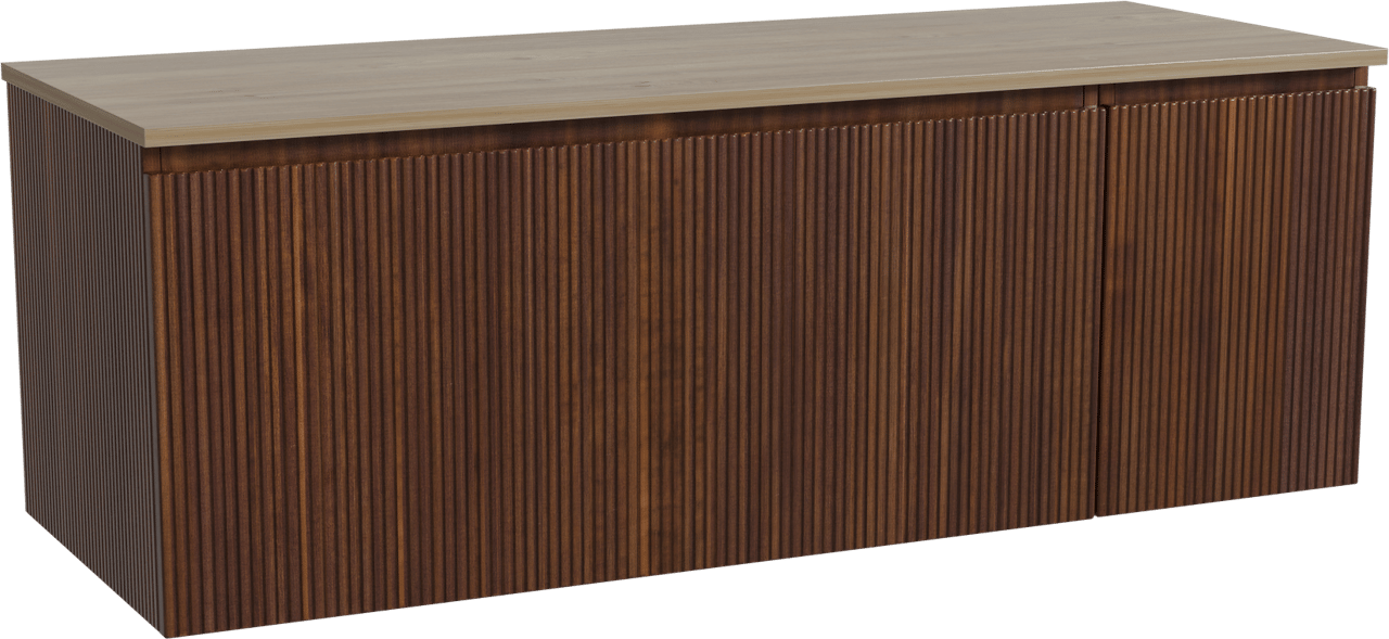 Storke Ribs zwevend badmeubel 140 x 52 cm notenhout met Panton enkel of dubbel wastafelblad in melamine ruw eiken, Verticale symmetrische rechte ribbel