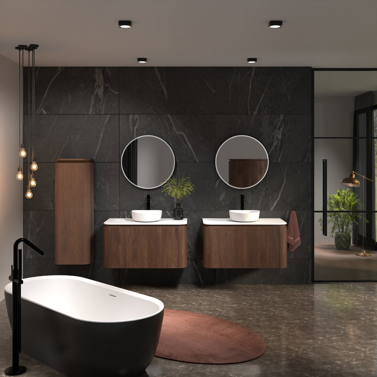 Balmani Moon zwevend badmeubel 100 x 55 cm amerikaans notenhout met Moon enkel wastafelblad in solid surface mat wit, Verticale symmetrische rechte ribbel