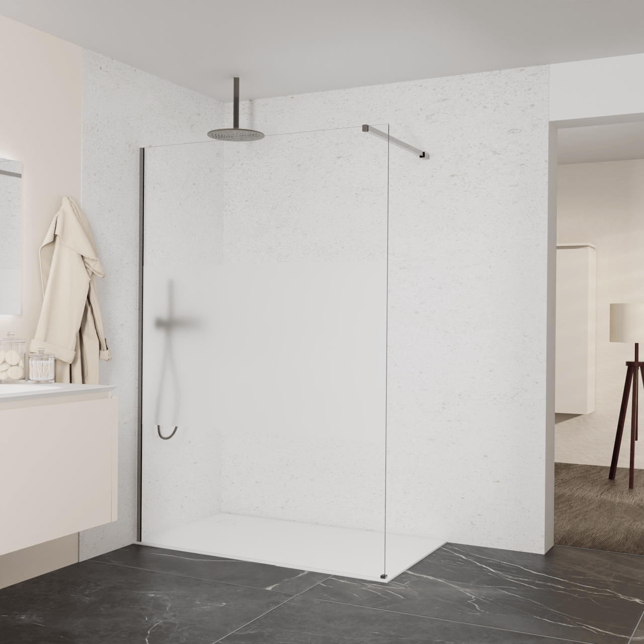 Balmani Modular Walk-In Dusche: 140 x 200 cm, Klarglas mit mattiertem Streifen, inklusive Coating, Profil Brushed GunMetal