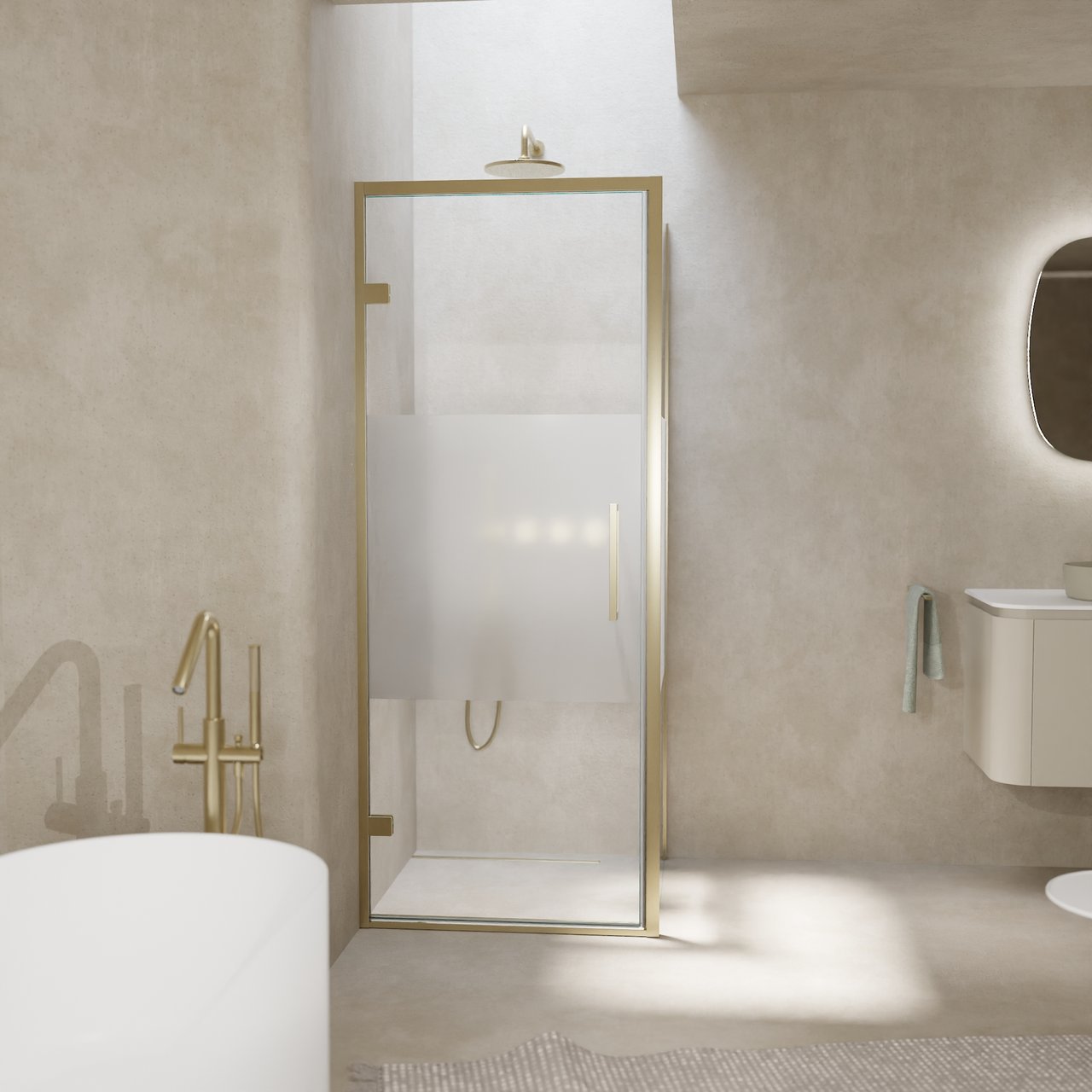 Balmani Senses Design douchehoek met linkse draaideur en vaste zijwand, 90 x 80 cm, Helder glas met matte strook, Brushed Champagne Gold profielen, met coating