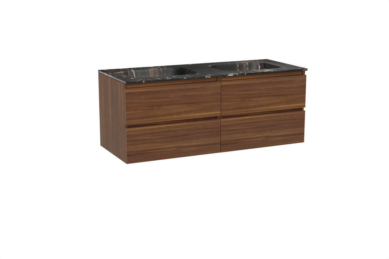 Balmani Lucida zwevend badkamermeubel 135 x 55 cm amerikaanse notelaar met Tablo Arcato dubbele wastafel in marmer portoro gold