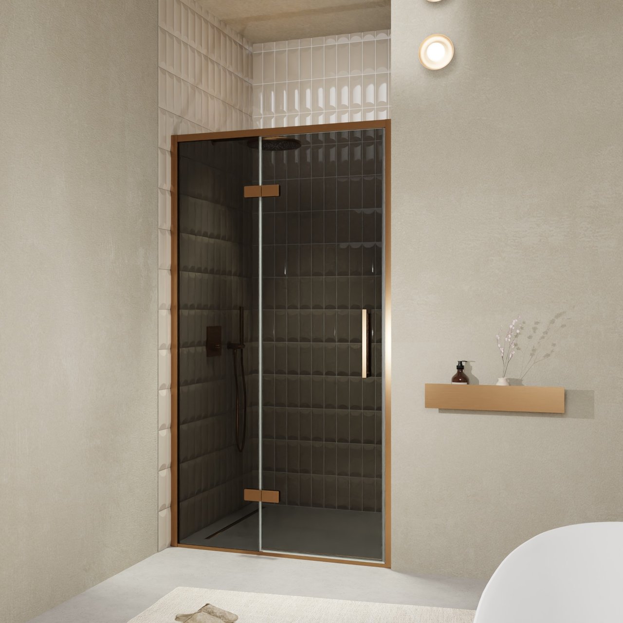 Balmani Senses Design porte pivotante à gauche 120 cm x 210 cm verre fumé, Profil Brushed Rosegold