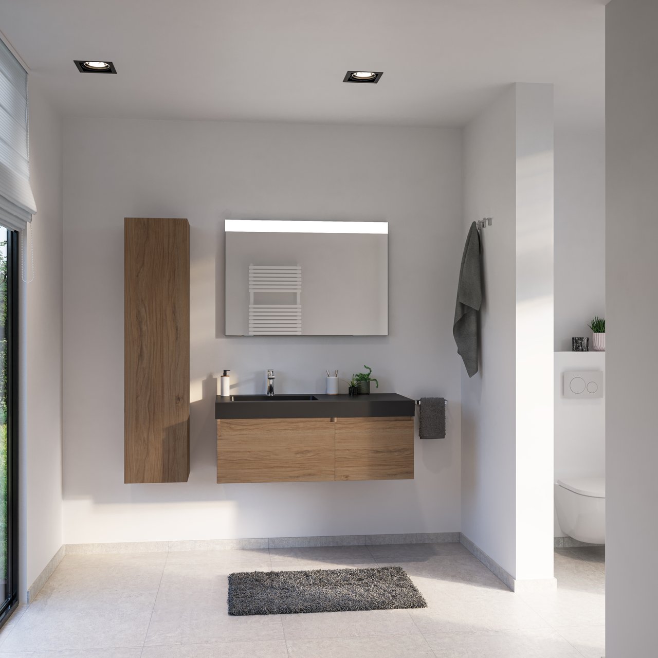 Storke Edge meuble salle de bains suspendu 110 x 52 cm chêne brut avec Scuro High plan vasque asymétrique à gauche en quartz noir mat