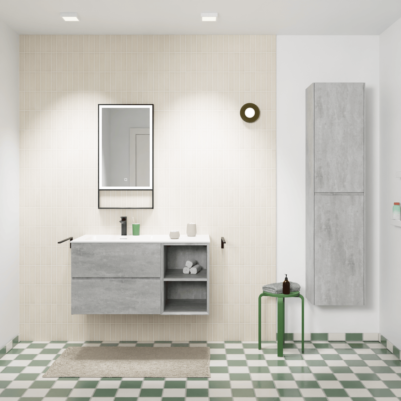 Storke Edge meuble salle de bains suspendu 100 x 52 cm béton gris foncé avec Mata plan vasque asymétrique à gauche en solid surface blanc mat