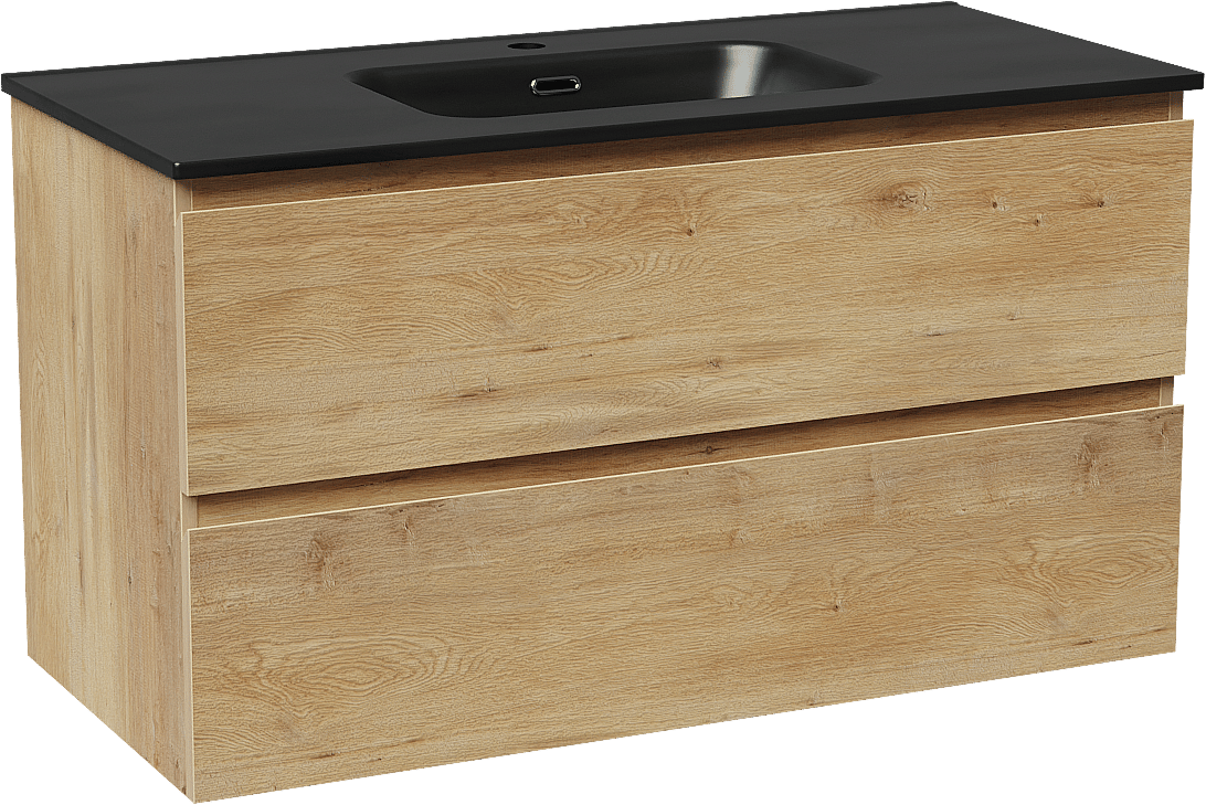 Linie Lado zwevend badmeubel 100 x 46 cm naturel eiken met Baro enkele wastafel in porselein mat zwart