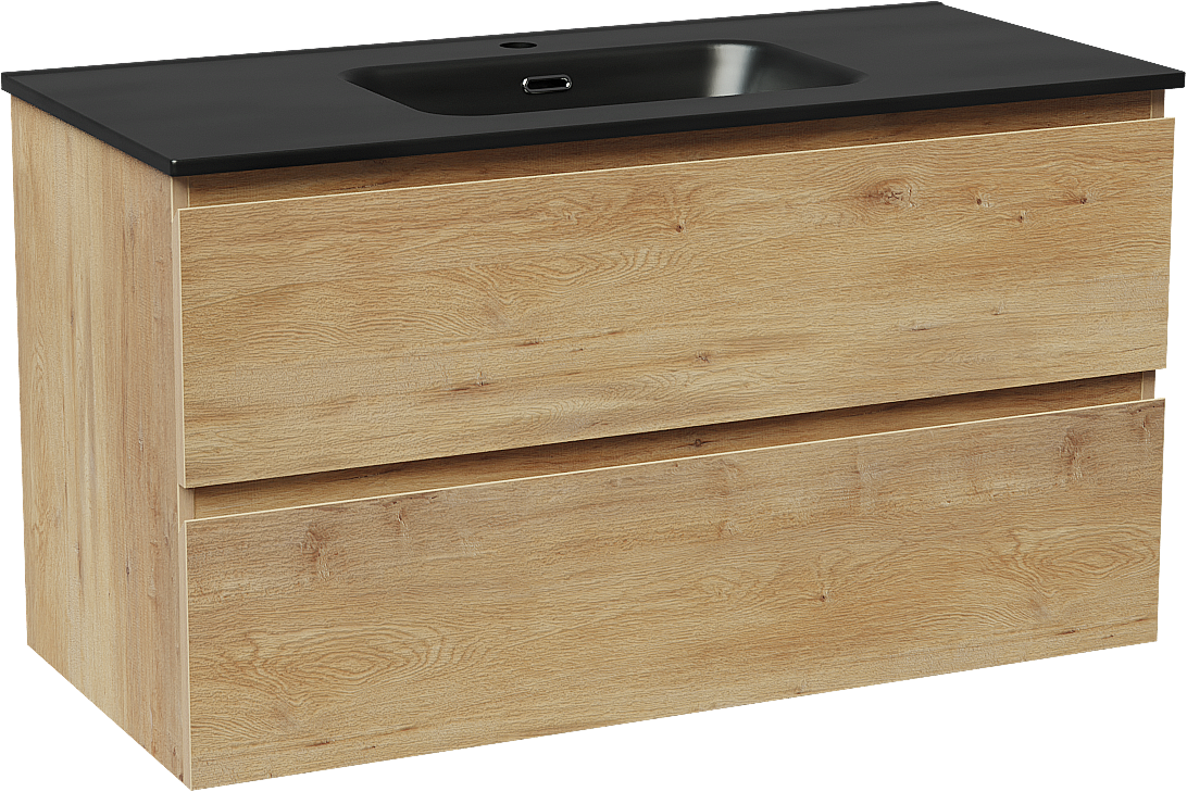 Linie Lado zwevend badmeubel 100 x 46 cm naturel eiken met Baro enkele wastafel in porselein mat zwart