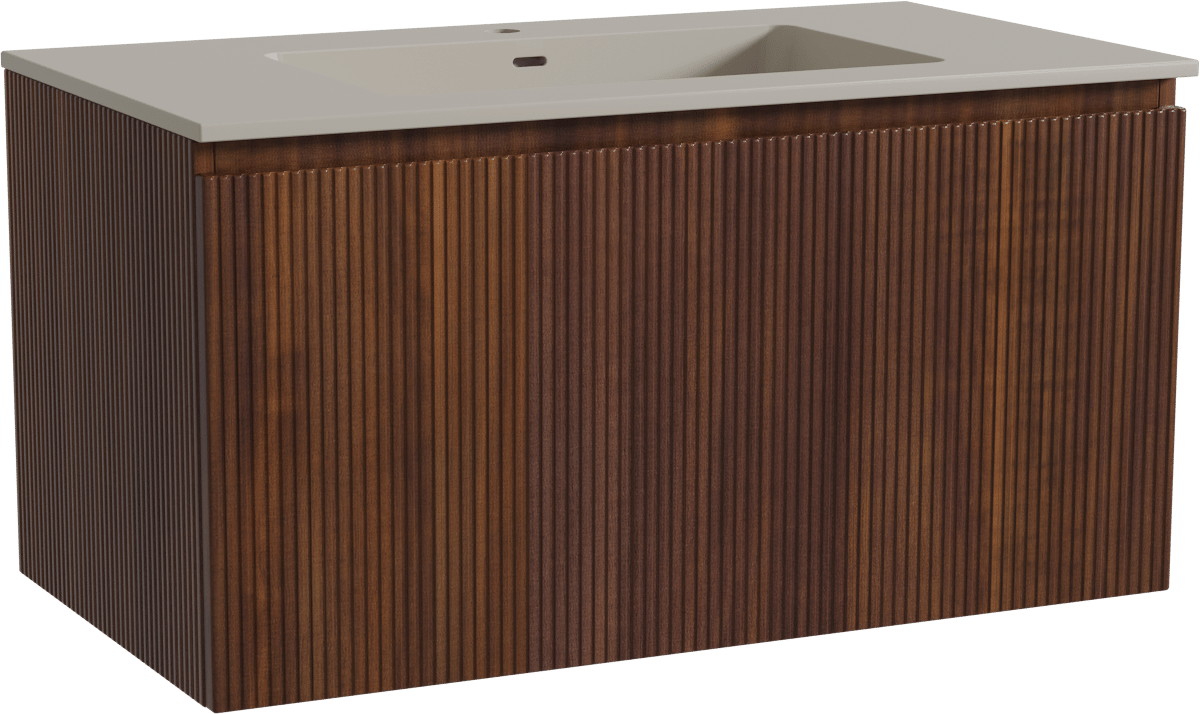 Storke Ribs zwevend badmeubel 95 x 52 cm notenhout met Diva enkele wastafel in top solid zijdegrijs, Verticale symmetrische rechte ribbel