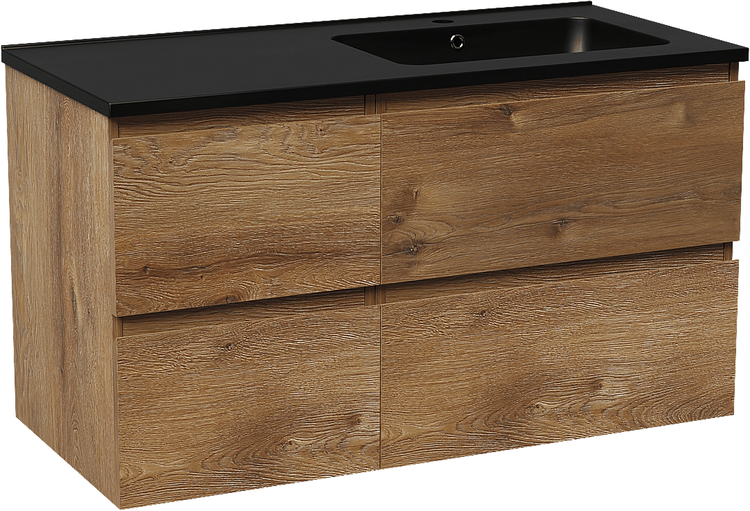 Linie Lado zwevend badkamermeubel 100 x 46 cm bruine eik met Vano asymmetrisch rechtse wastafel in composietmarmer mat zwart