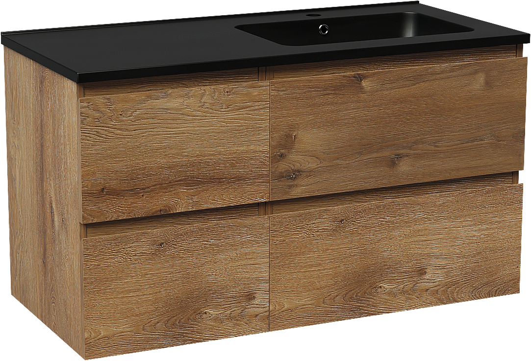 Linie Lado hängendes Möbelstück Set: 100 x 46 cm, Braune Eiche, mit Vano Waschtisch rechts, Marmorkomposit Schwarz matt