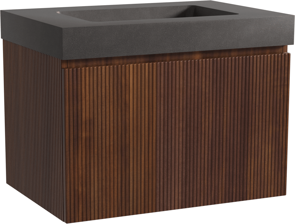 Storke Ribs zwevend badmeubel 75 x 52 cm notenhout met Scuro High enkele wastafel in kwarts mat zwart, Verticale symmetrische rechte ribbel