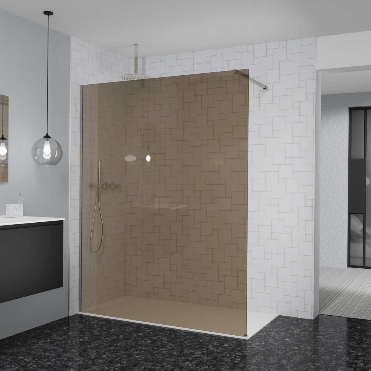 Balmani Modular inloopdouche: 160 x 200 cm, Brons glas met coating, Brushed CoolMetal profielen