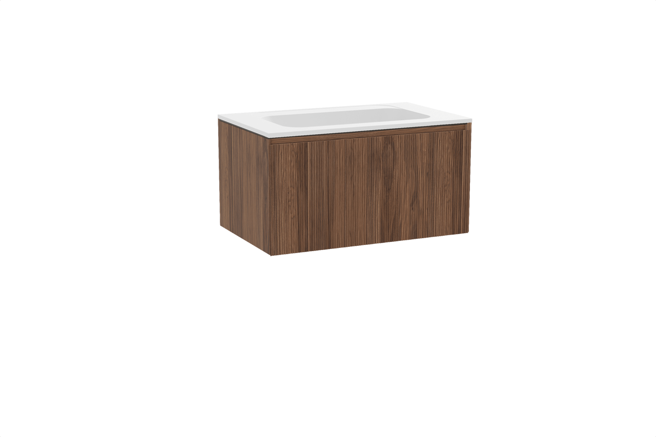 Balmani Fila meuble salle de bains suspendu 90 x 55 cm noyer avec Tablo Strada plan simple en marbre composite blanc mat, Nervure droite symétrique verticale