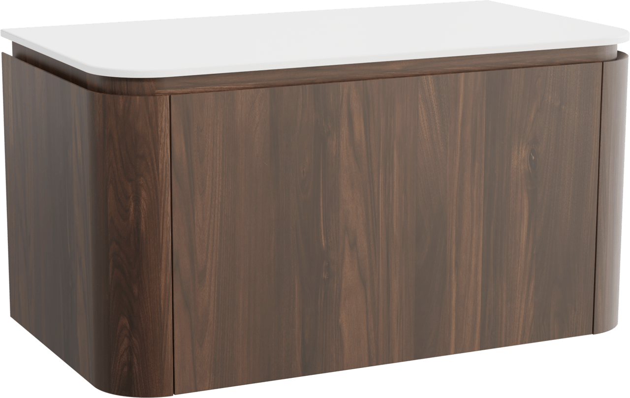 Balmani Moon meuble salle de bains suspendu 100 x 55 cm noyer américain avec Moon tablette simple en solid surface blanc mat