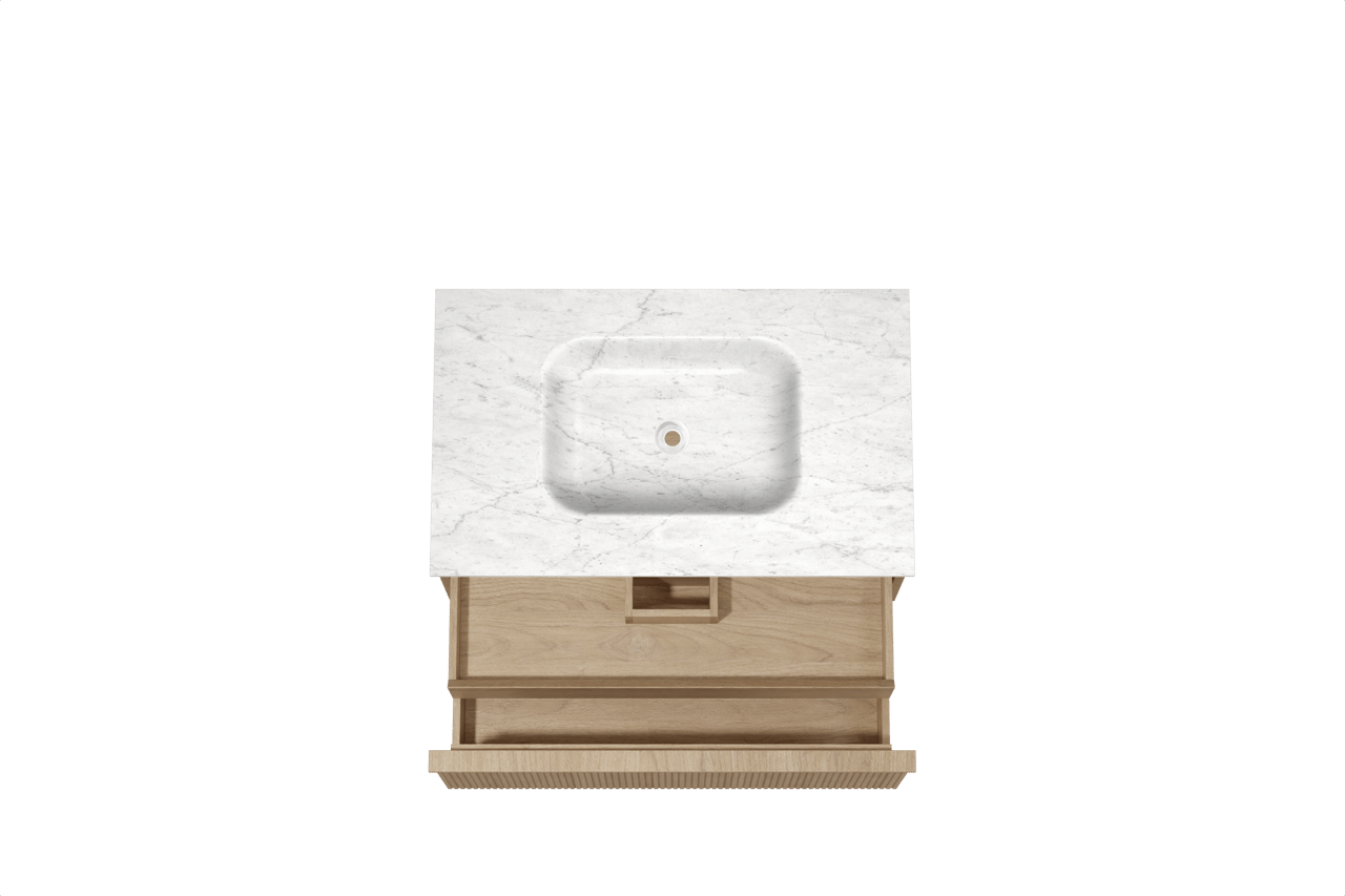 Balmani Forma zwevend badkamermeubel 90 x 55 cm natuur eik met Tablo Arcato enkele wastafel in marmer carrara, Verticale symmetrische rechte ribbel