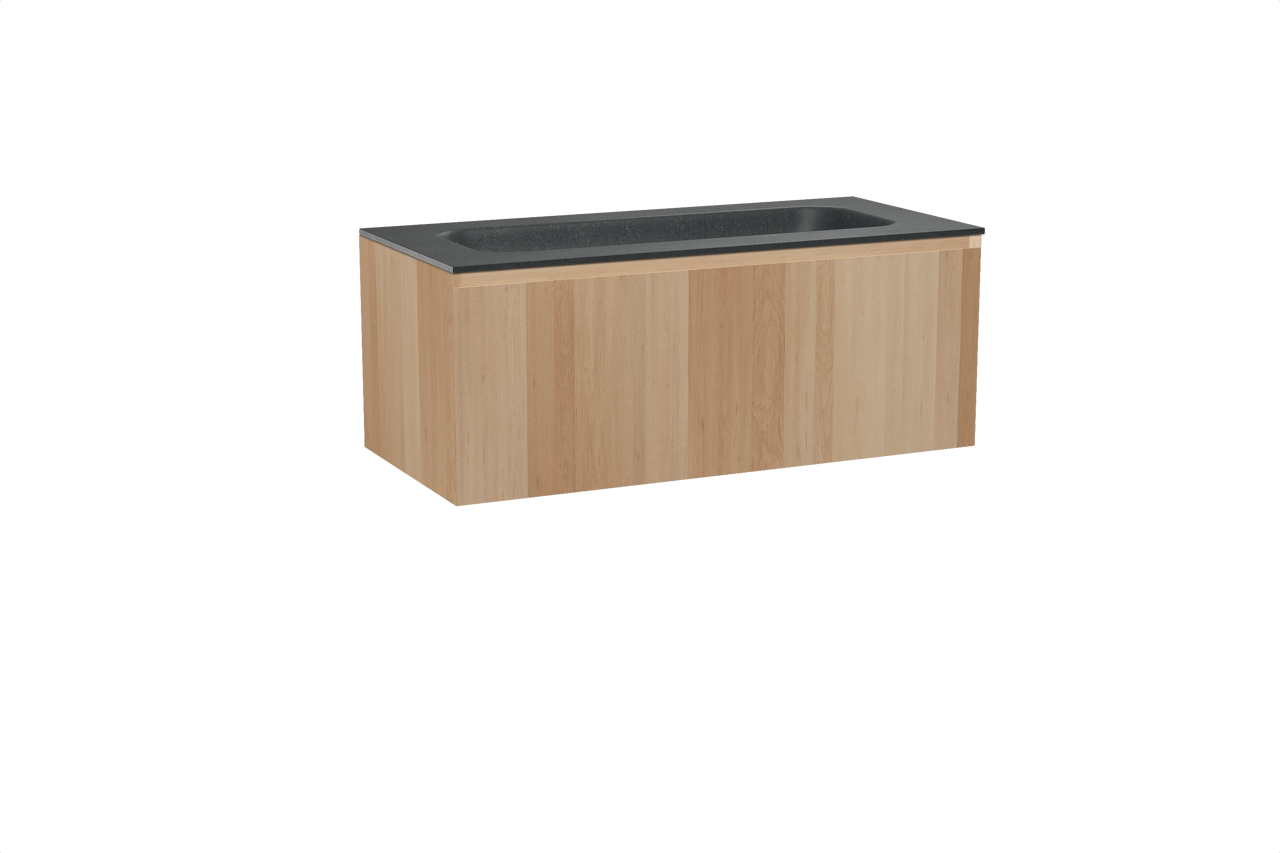 Balmani Idra zwevend badmeubel 120 x 55 cm naturel eiken met Tablo Arcato enkele wastafel voor 2 kraangaten in zwart graniet