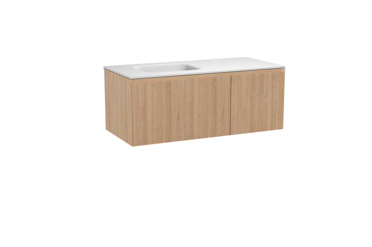 Balmani Fila hängendes Möbelstück Set: 120 x 55 cm, Naturbelassene Eiche, mit Tablo Arcato Waschtisch links, Solid Surface, Weiß matt, Vertikale symmetrische gerade Rippe