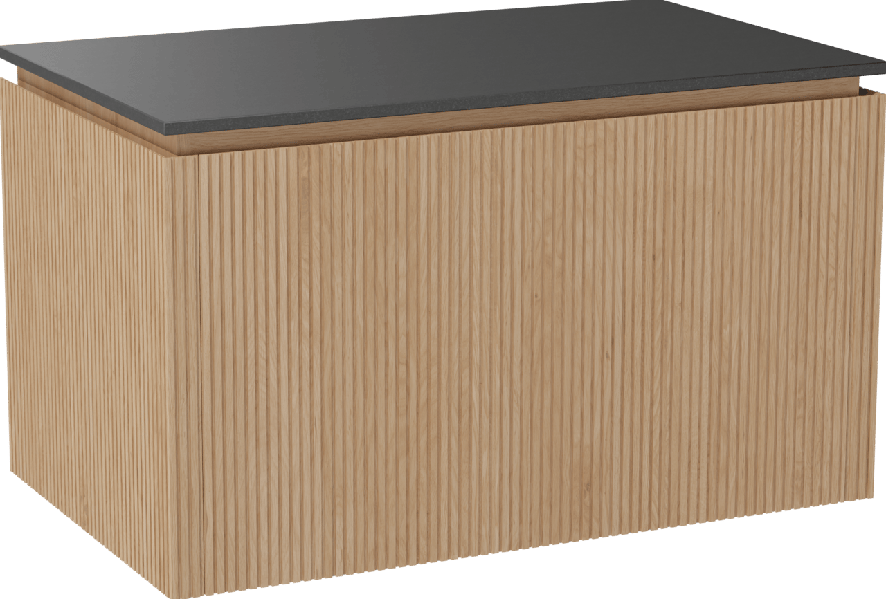 Balmani Eclips zwevend badkamermeubel 90 x 55 cm Natuur eik met Stretto enkel tablet in Graniet zwart, Verticale symmetrische rechte ribbel