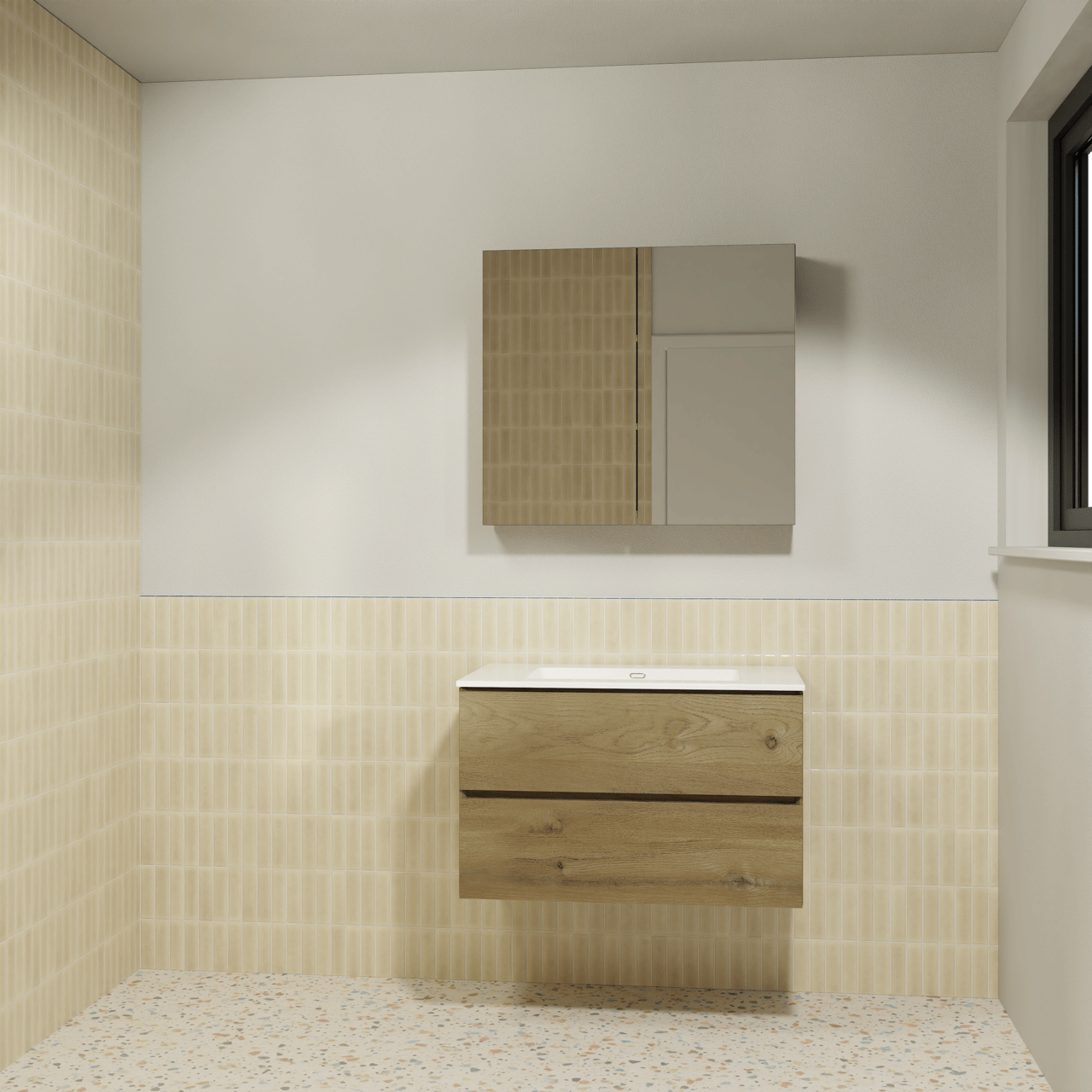 Storke Edge meuble salle de bains suspendu 85 x 52 cm chêne brut avec Diva plan simple en marbre composite blanc brillant et Reflecta armoire de toilette