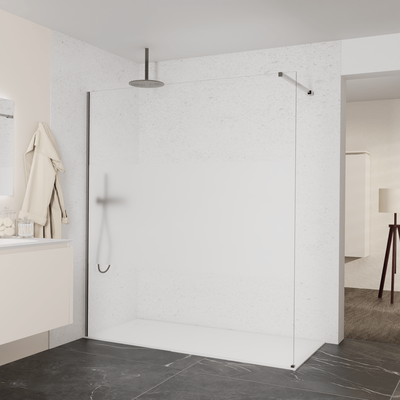 Balmani Modular Walk-In Dusche: 180 x 200 cm, Klarglas mit mattiertem Streifen, inklusive Coating, Profil Brushed GunMetal