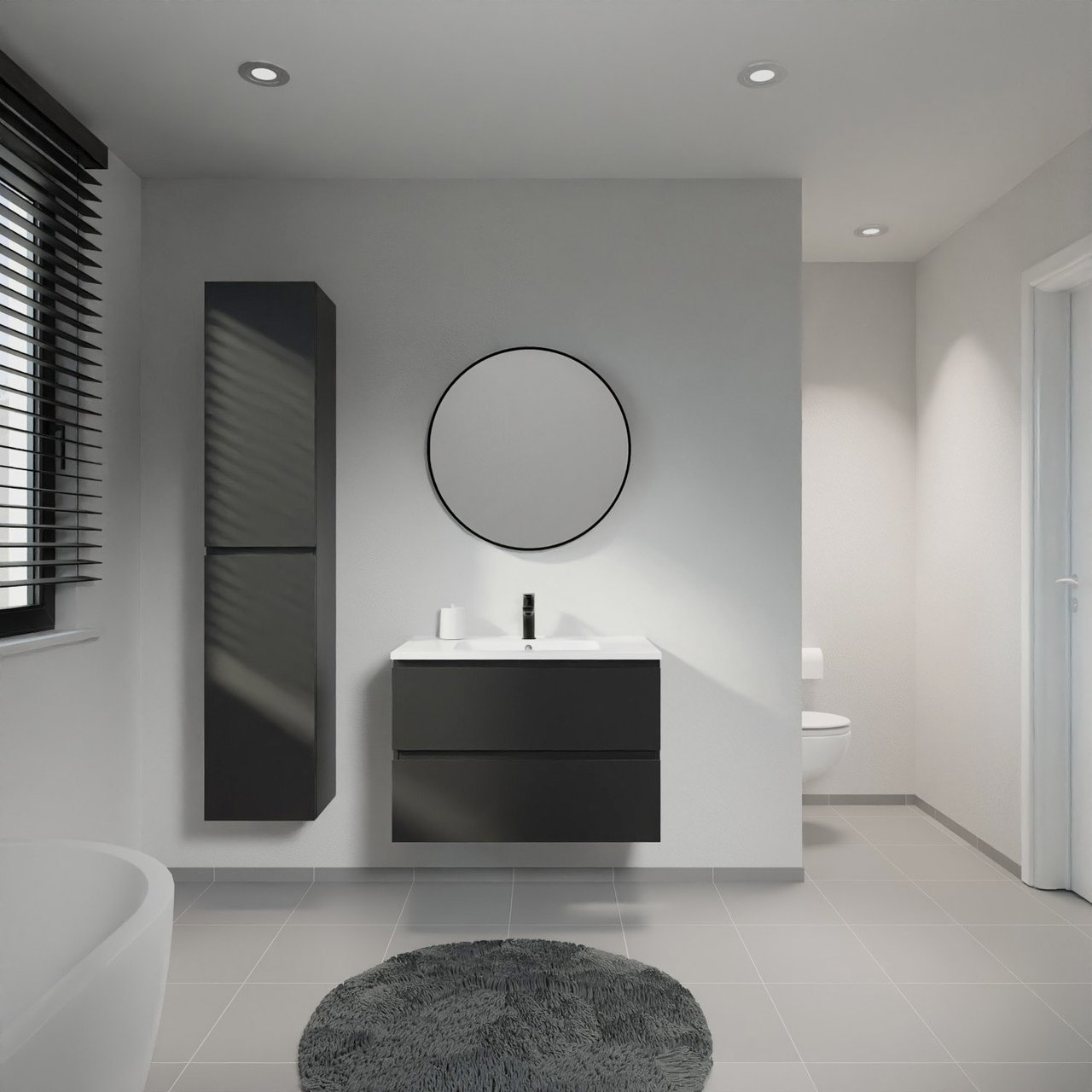 Linie Lado meuble salle de bains suspendu 80 x 46 cm noir mat avec Vano plan simple en marbre composite blanc mat