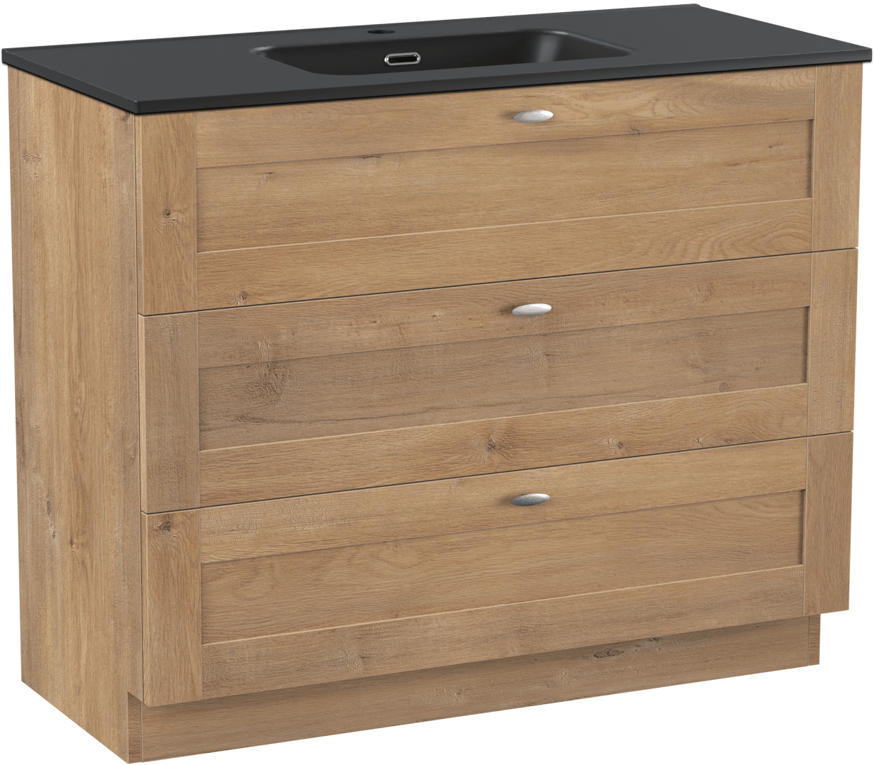 Linie Classo freistehendes Möbelstück Set: 100 x 46 cm, Naturbelassene Eiche, mit Baro Einzelwaschtisch, Porzellan Schwarz matt