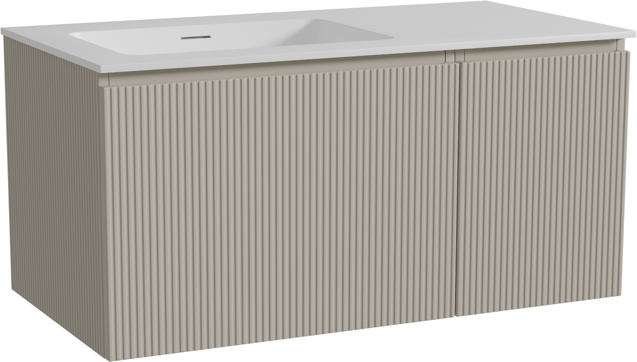 Storke Ribs hängendes Möbelstück Set: 100 x 52 cm, Seidengrau, mit Mata Waschtisch links, Solid Surface, Weiß matt, Vertikale symmetrische gerade Rippe