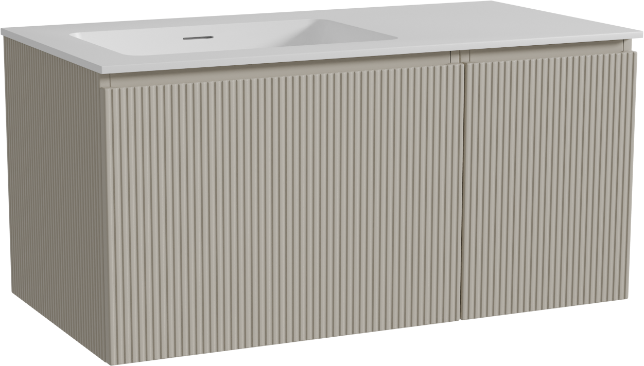 Storke Ribs hängendes Möbelstück Set: 100 x 52 cm, Seidengrau, mit Mata Waschtisch links, Solid Surface, Weiß matt, Vertikale symmetrische gerade Rippe