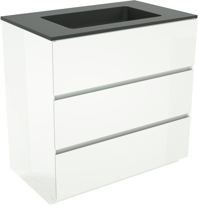 Storke Edge meuble salle de bains à poser 85 x 52 cm blanc brillant avec Scuro plan simple en quartz noir mat