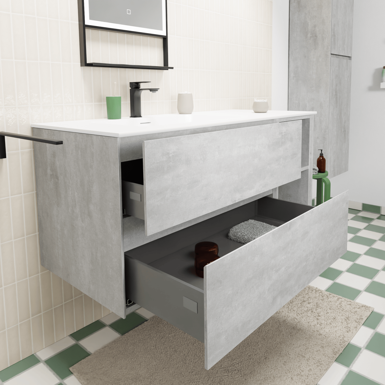 Storke Edge hängendes Möbelstück Set: 120 x 52 cm, Beton dunkelgrau, mit Mata Waschtisch links, Solid Surface Weiß matt