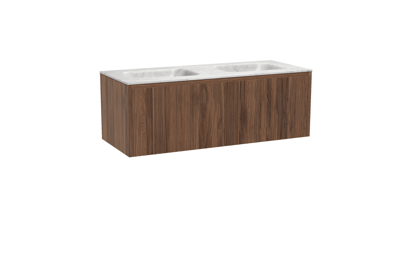 Balmani Fila hängendes Möbelstück Set: 135 x 55 cm, Nussbaum, mit Tablo Arcato Doppelwaschtisch, Marmor, Carrara, Vertikale symmetrische gerade Rippe