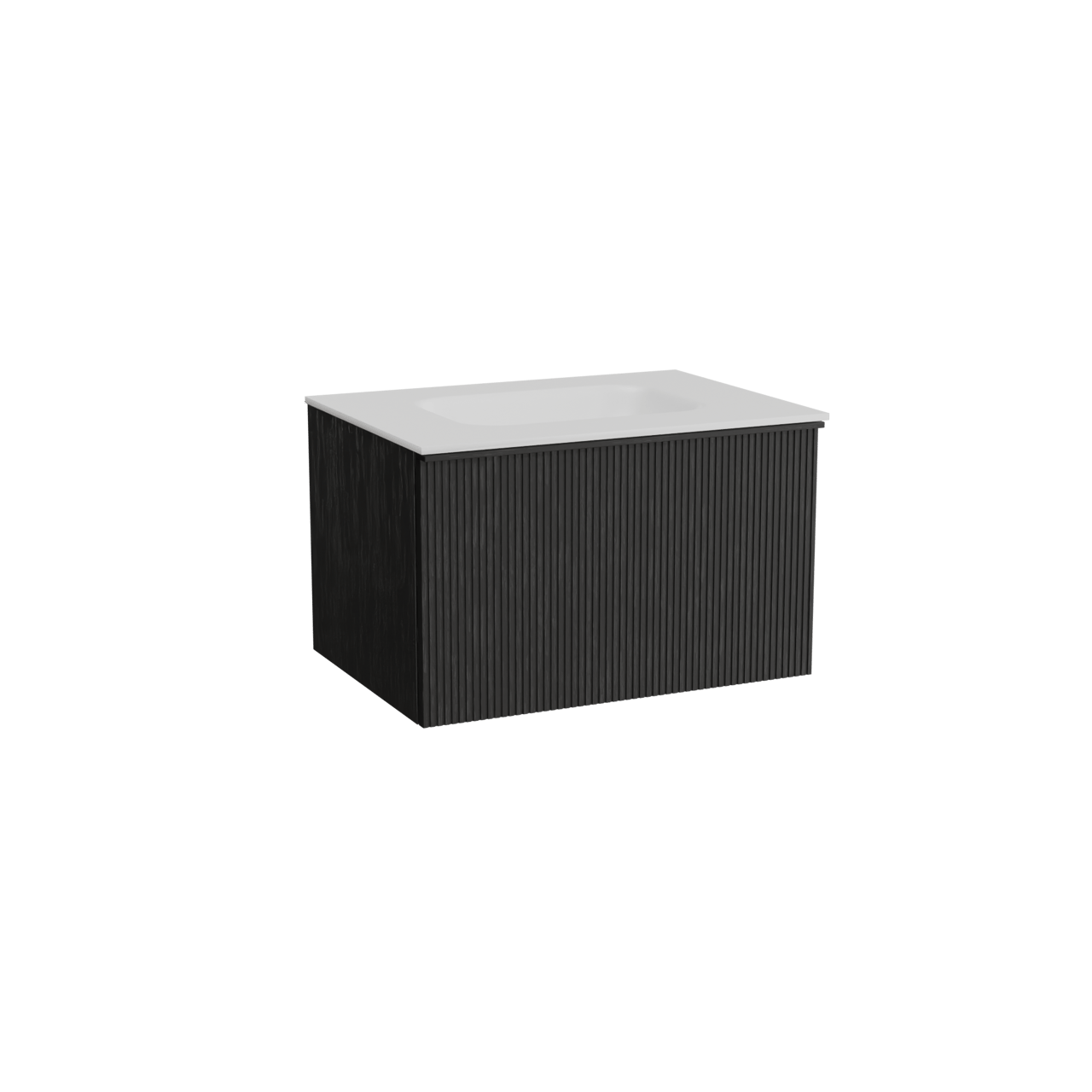 Balmani Forma zwevend badkamermeubel 75 x 55 cm zwarte eik met Tablo Arcato enkele wastafel in solid surface mat wit, Verticale symmetrische rechte ribbel