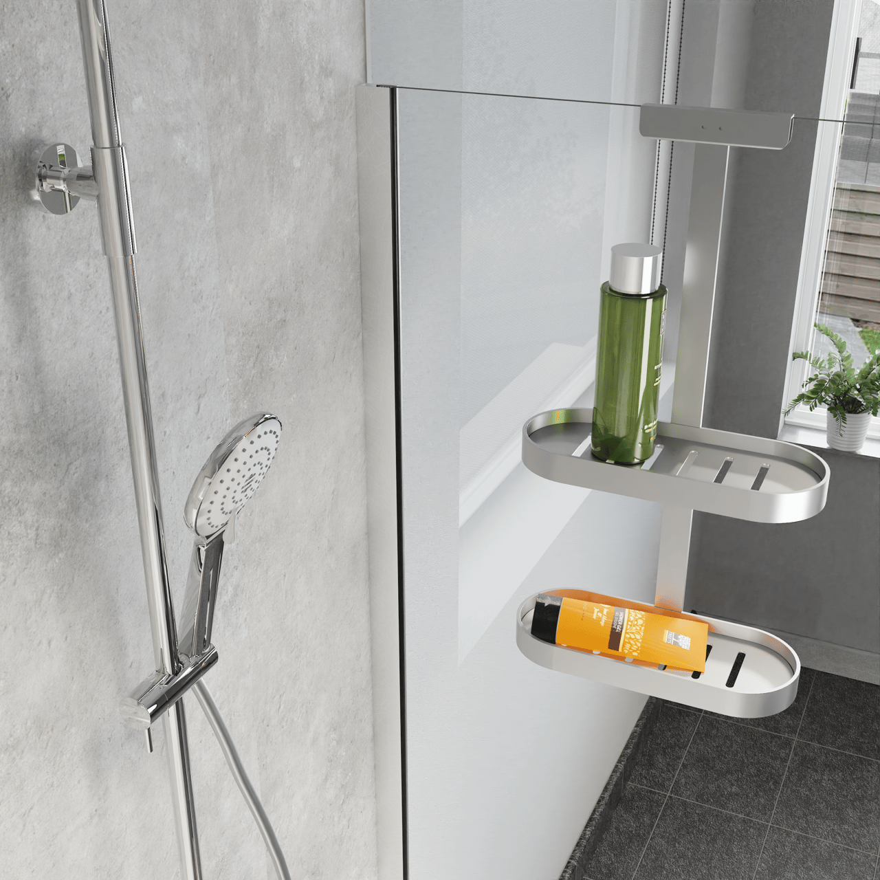 Linie Lucy dubbele shampoohouder voor douchewand met handdoekhaken mat chroom