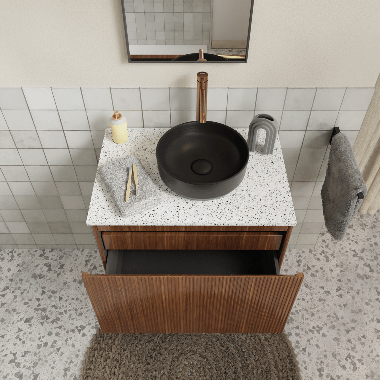 Storke Ribs meuble sous-lavabo suspendu 75 x 52 cm noyer 2 tiroirs