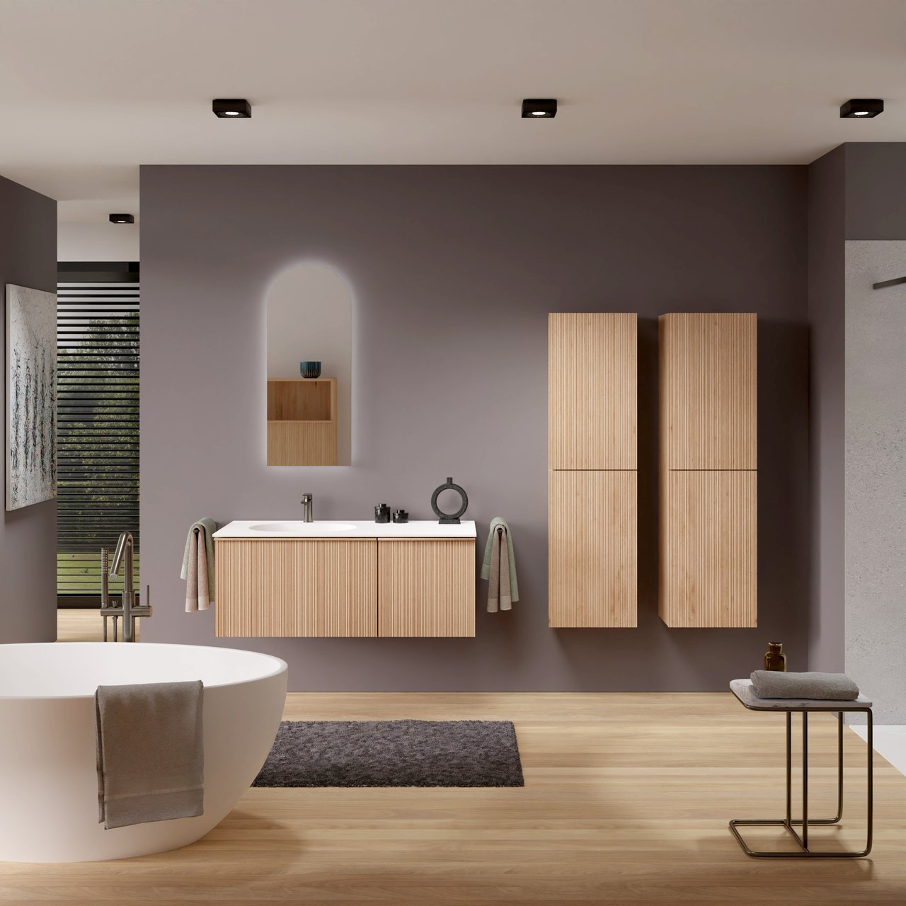 Balmani Forma hängendes Möbelstück Set: 120 x 55 cm, Naturbelassene Eiche, mit Tablo Oval Waschtisch links, Solid Surface, Weiß matt, Vertikale asymmetrische Runde Rippe