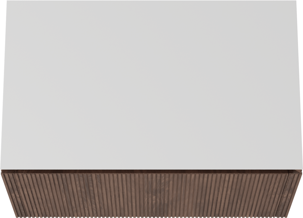 Balmani Eclips zwevend badkamermeubel 90 x 55 cm Amerikaanse notelaar met Eclips enkel tablet in Solid Surface mat wit, Verticale symmetrische rechte ribbel