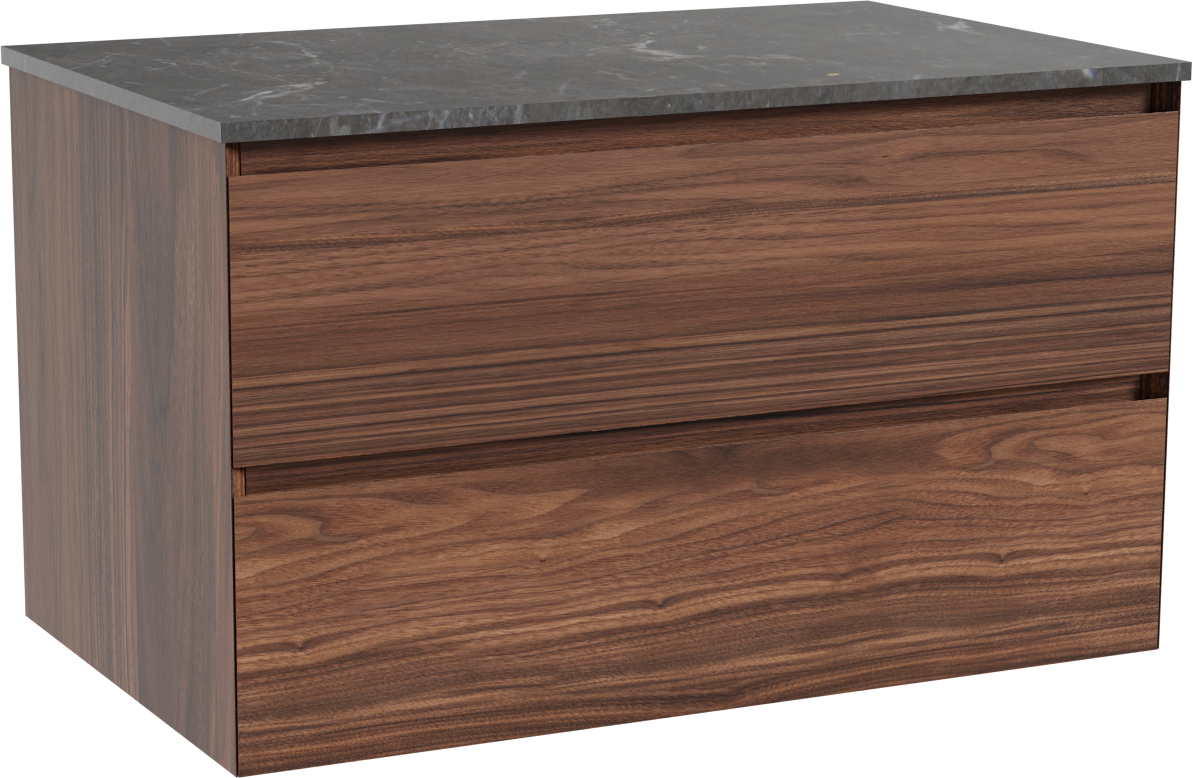 Balmani Mitra hängendes Möbelstück Set: 90 x 55 cm, Nussbaum, mit Stretto Einzel Waschtischplatte, Marmor Pietra Grey