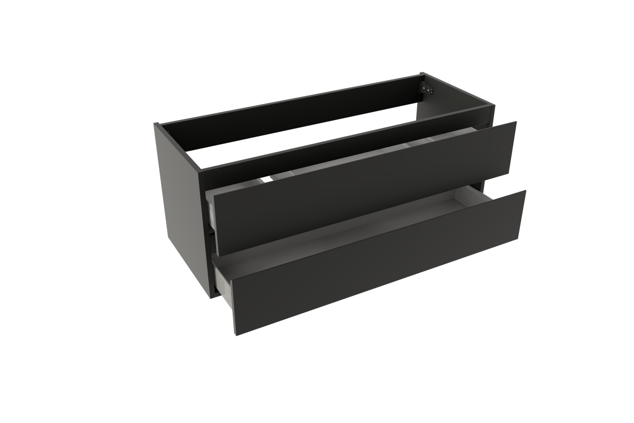 Storke Delta zwevende wastafelonderkast 120 x 48 cm mat zwart 2 lades 2 sifonuitsparingen