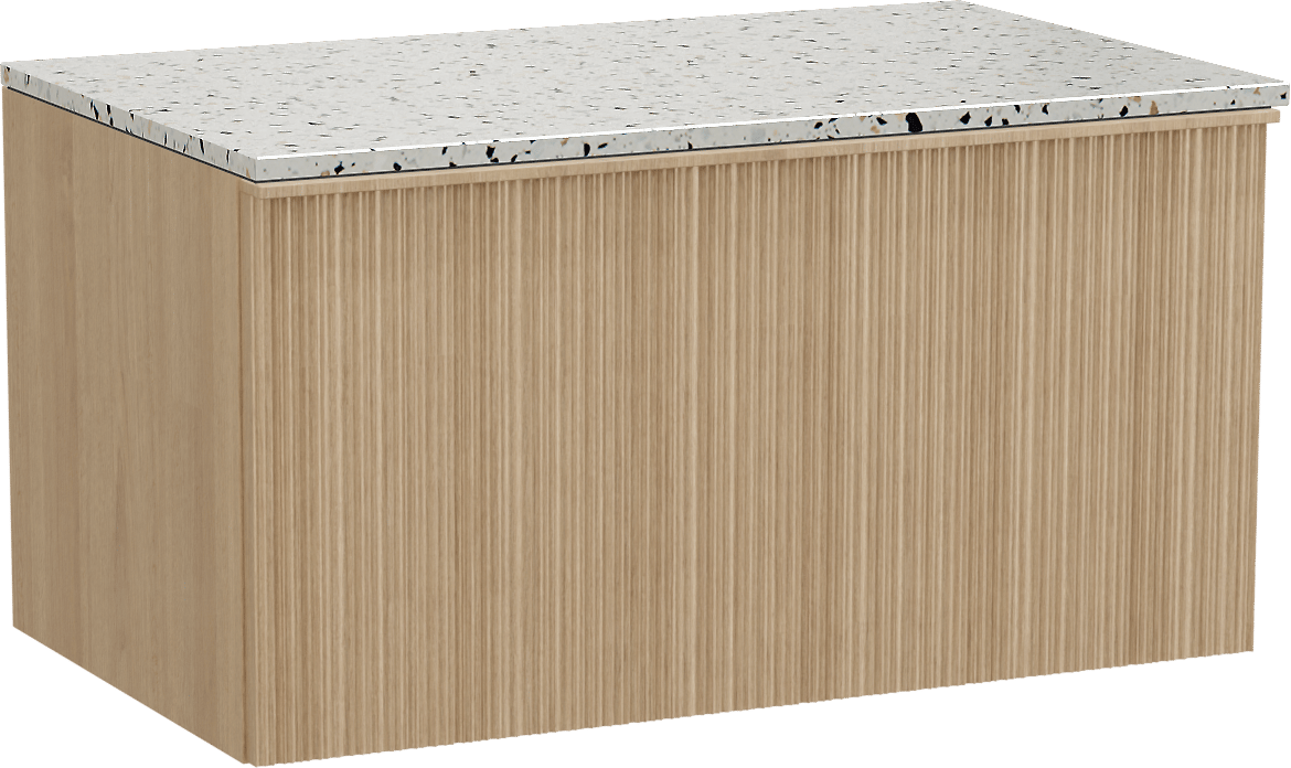 Balmani Forma meuble salle de bains suspendu 90 x 55 cm chêne naturel avec Stretto tablette simple en blanc/noir mat terrazzo, Nervure circulaire asymétrique verticale